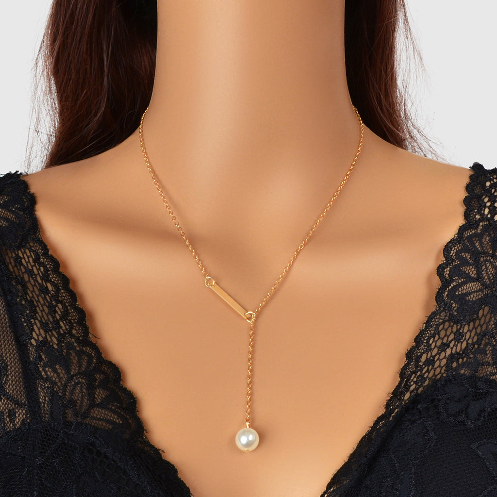 Designer Jewelry Gold Chain Geometric Bar Lariat Y-Shaped Pearl Pendant Necklace-0