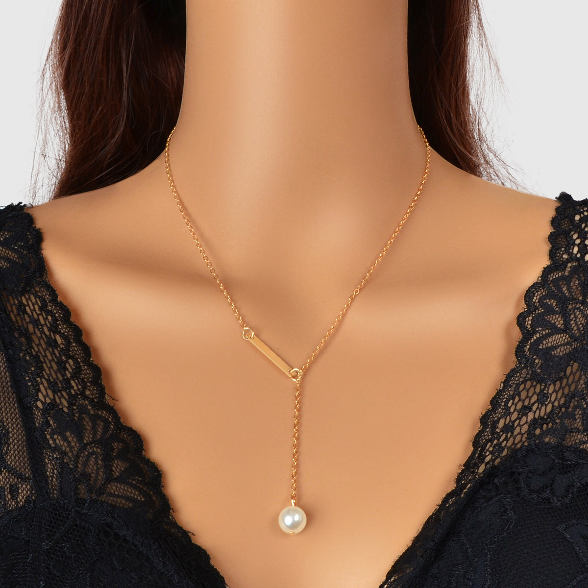 Designer Jewelry Gold Chain Geometric Bar Lariat Y-Shaped Pearl Pendant Necklace-0