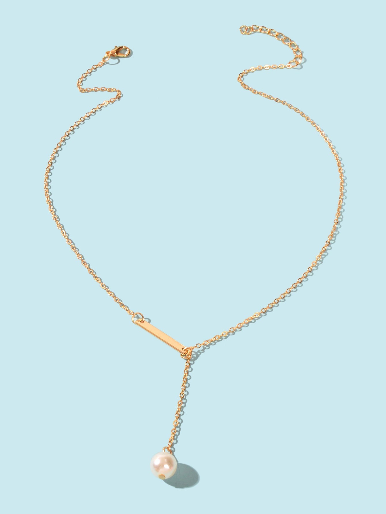 Designer Jewelry Gold Chain Geometric Bar Lariat Y-Shaped Pearl Pendant Necklace-1