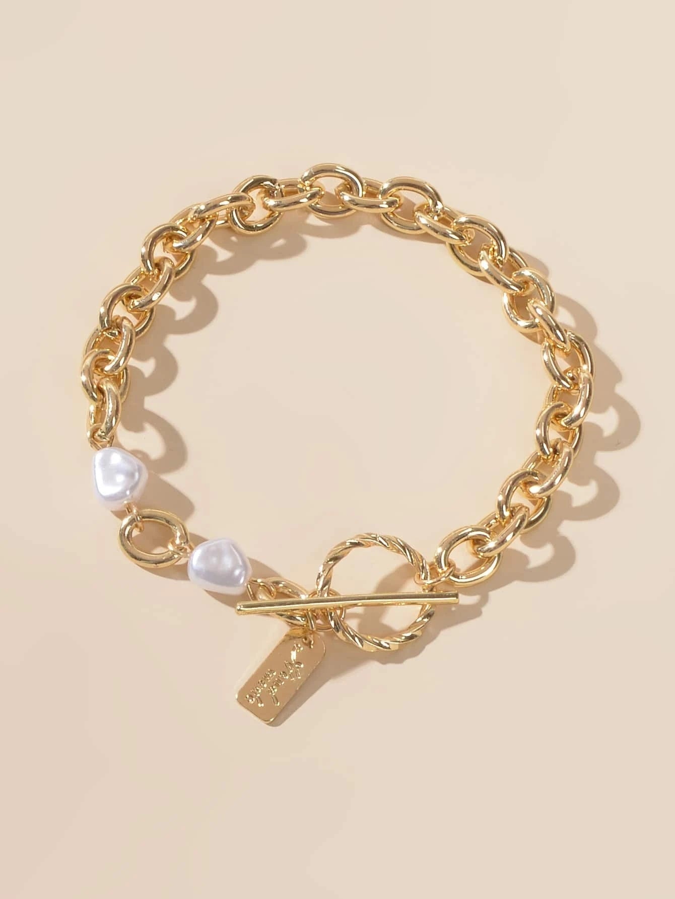 Pearl Decor Letter Tag Charm Heavy Solid Chain Buckle Bracelet Textured Jewelry