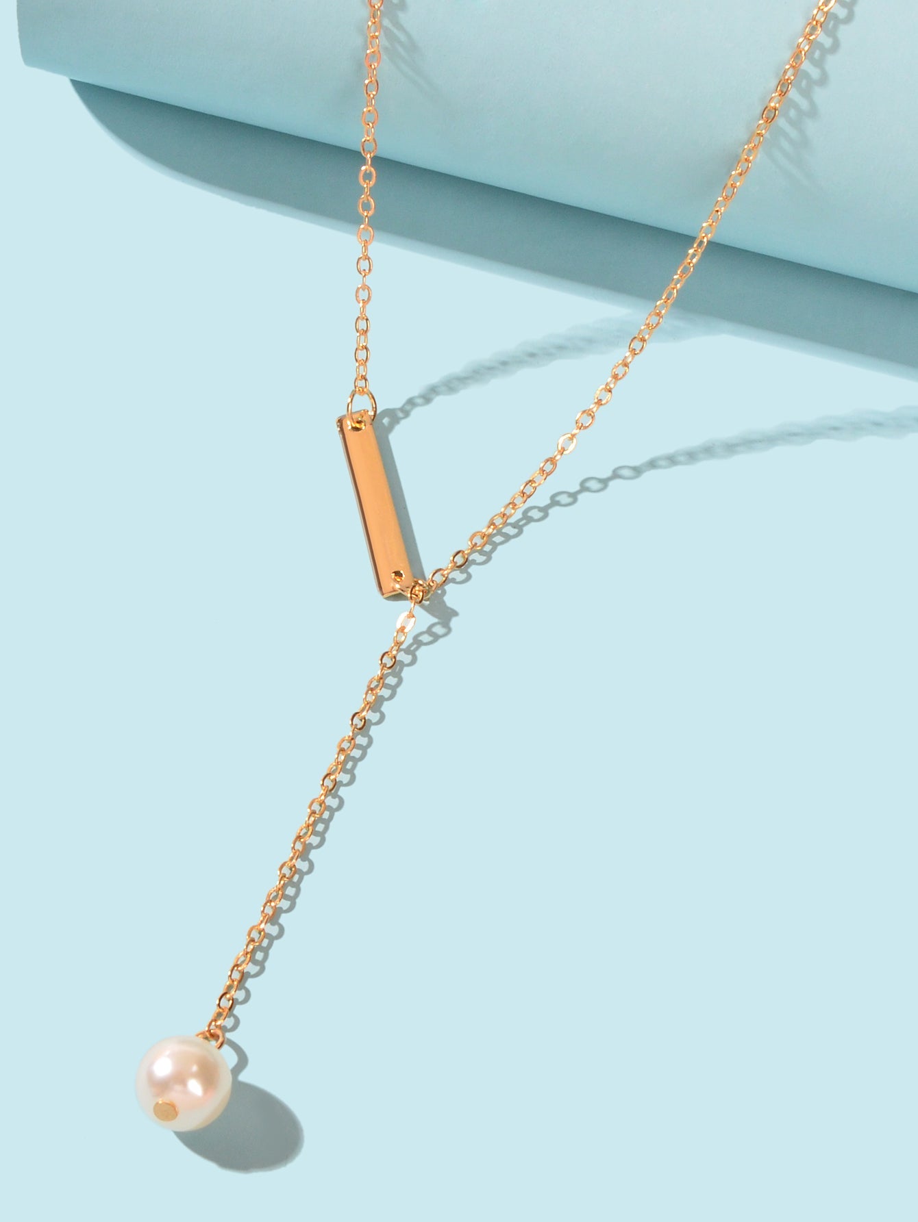 Designer Jewelry Gold Chain Geometric Bar Lariat Y-Shaped Pearl Pendant Necklace-2